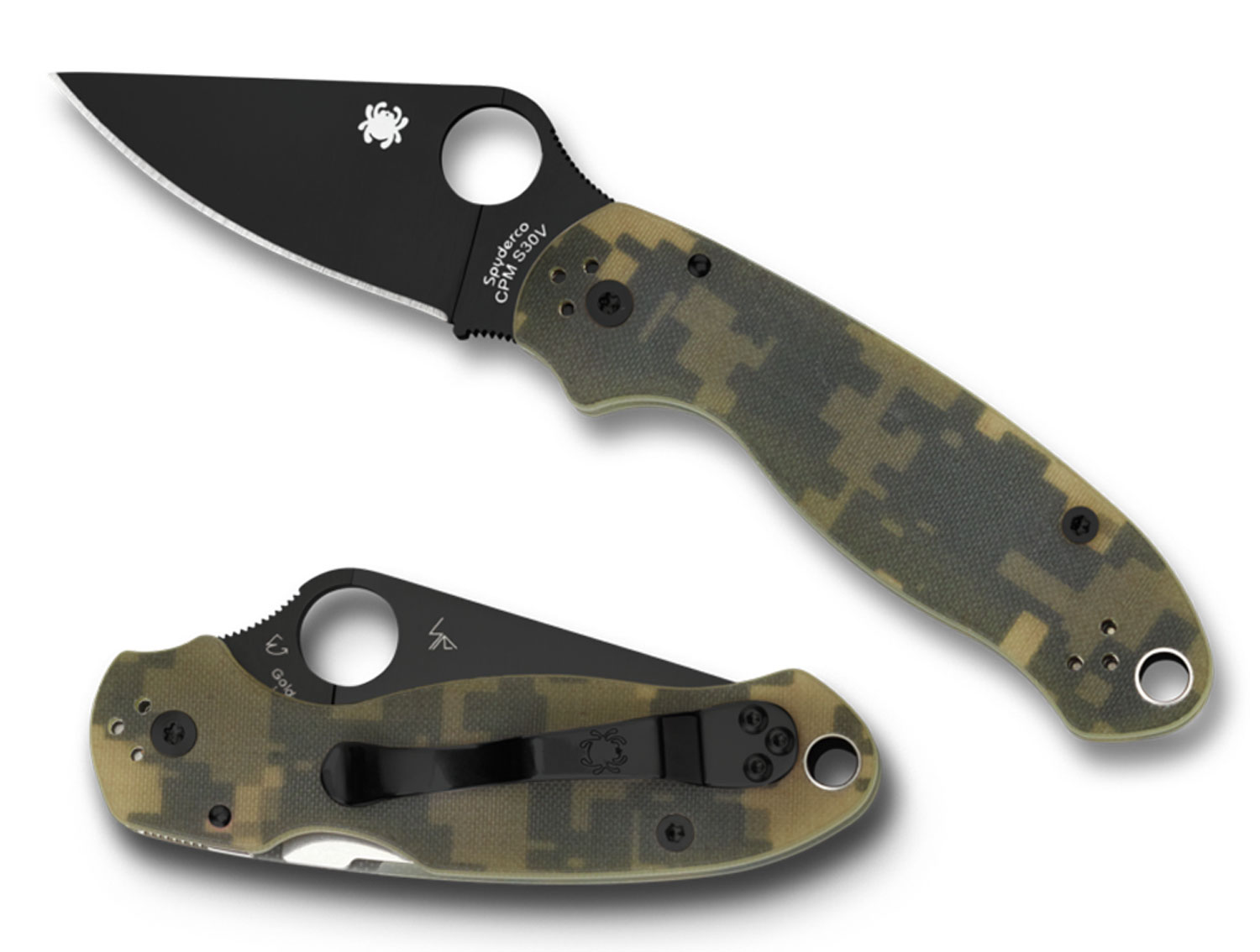 Spyderco C223GPCMOBK Para 3  2.95" Folding Drop Point Plain Black DLC CPM S30V SS Blade Camo G10 Handle Includes Pocket Clip