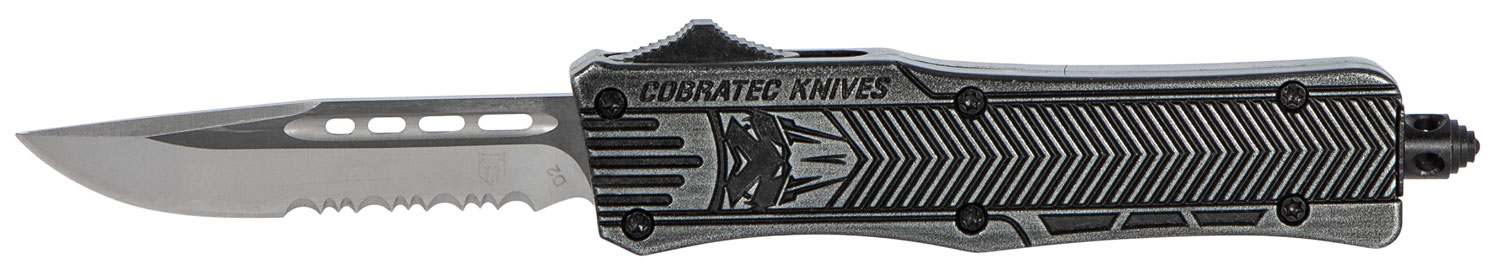 CobraTec Knives SSWCTK1SDS CTK-1  Small 2.75" OTF Part Serrated D2 Steel Blade/Black Stonewashed Aluminum Handle Features Glass Breaker Includes Pocket Clip