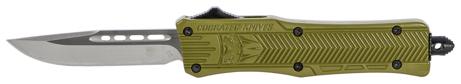 CobraTec Knives SODCTK1SDNS CTK-1  Small 2.75" OTF Drop Point Plain D2 Steel Blade/OD Green Aluminum Handle Features Glass Breaker Includes Pocket Clip