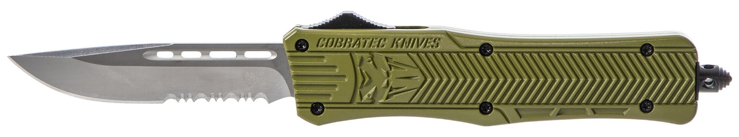 CobraTec Knives MODCTK1MDS CTK-1  Medium 3" OTF Drop Point Part Serrated D2 Steel Blade/OD Green Aluminum Handle Features Glass Breaker Includes Pocket Clip