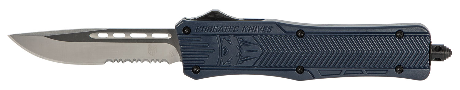 CobraTec Knives MNYCTK1MDS CTK-1  Medium 3" OTF Drop Point Part Serrated D2 Steel Blade/NYPD Blue Aluminum Handle Features Glass Breaker Includes Pocket Clip