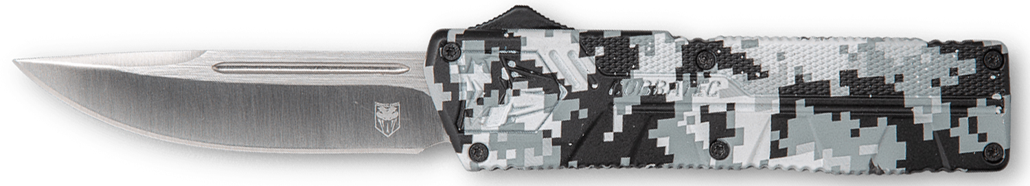 CobraTec Knives WDCCTLWDNS Lightweight  3.25" OTF Drop Point Plain D2 Steel Blade/Winter Digi Camo Aluminum Handle Includes Pocket Clip
