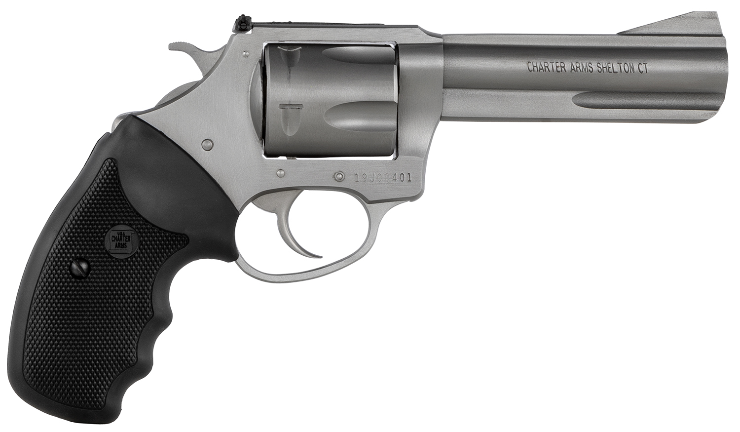 Charter Arms 74042 Pitbull  40 S&W 5 Shot 4.20" Matte Stainless Steel Barrel, Cylinder & Frame w/Black Finger Grooved Rubber Grip