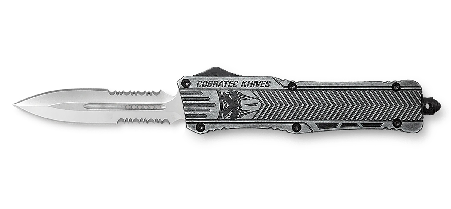 CobraTec Knives LSWCTK1LDG2SS CTK-1  Large 3.75" OTF Dagger Part Serrated D2 Steel Blade/ Stonewashed Aluminum Handle Features Glass Breaker Includes Pocket Clip