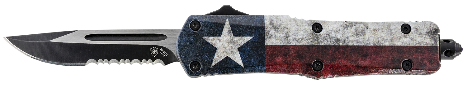 Templar Knife SCAP631 Gen II Captain Small 2.69" OTF Drop Point Part Serrated Black Oxide Stonewashed 440C SS Blade, 4.31" Red/White/Blue w/Star Aluminum Handle Glass Breaker