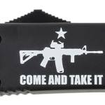 Templar Knife MAR15231 Gen II Come And Take It Slim 3.43" OTF Tanto Plain Black Oxide Stonewashed 440C SS Blade, 5.05" Black w/ "Come And Take It" AR-15 Gun Aluminum Handle, Glass Breaker