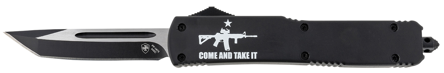 Templar Knife MAR15231 Gen II Come And Take It Slim 3.43" OTF Tanto Plain Black Oxide Stonewashed 440C SS Blade, 5.05" Black w/ "Come And Take It" AR-15 Gun Aluminum Handle, Glass Breaker
