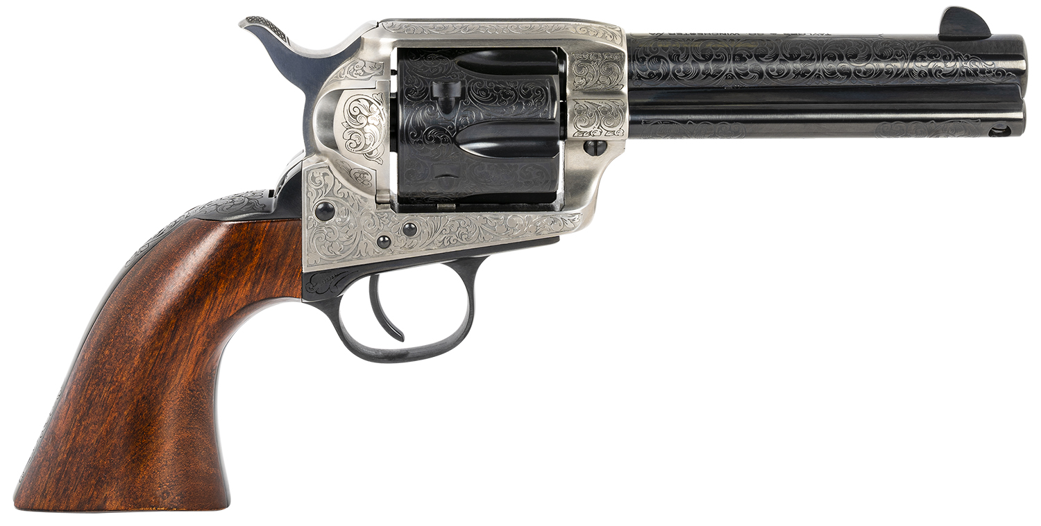 Taylors & Company 550924 1873 Cattleman 357 Mag Caliber with 4.75" Blued Floral Engraved Finish Barrel, 6rd Capacity Blued Finish Cylinder, Coin Photo Engraved Finish Steel Frame & Walnut Grip