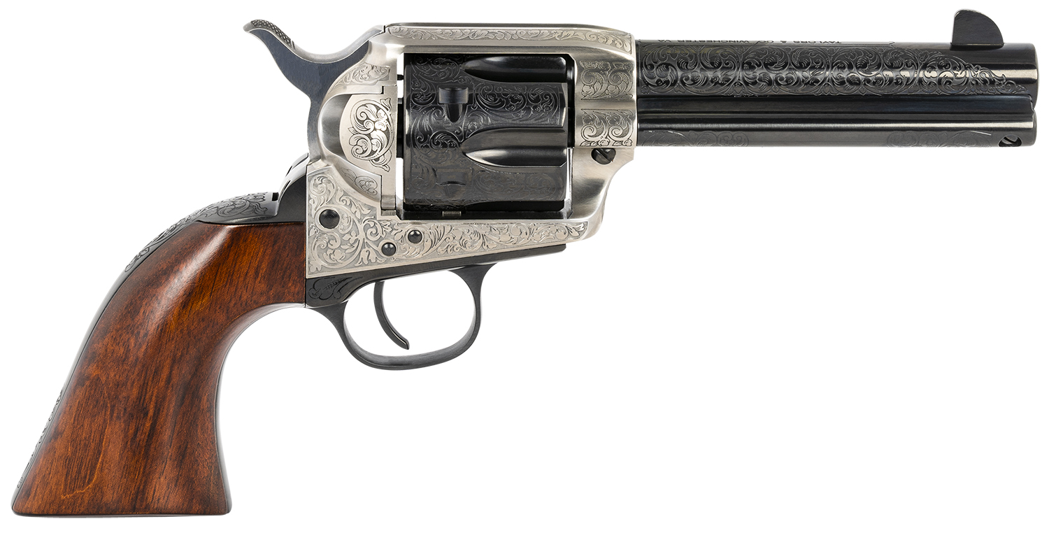 Taylors & Company 550925 1873 Cattleman 45 Colt (LC) Caliber with 4.75" Blued Floral Engraved Finish Barrel, 6rd Capacity Blued Finish Cylinder, Coin Photo Engraved Finish Steel Frame & Walnut Grip