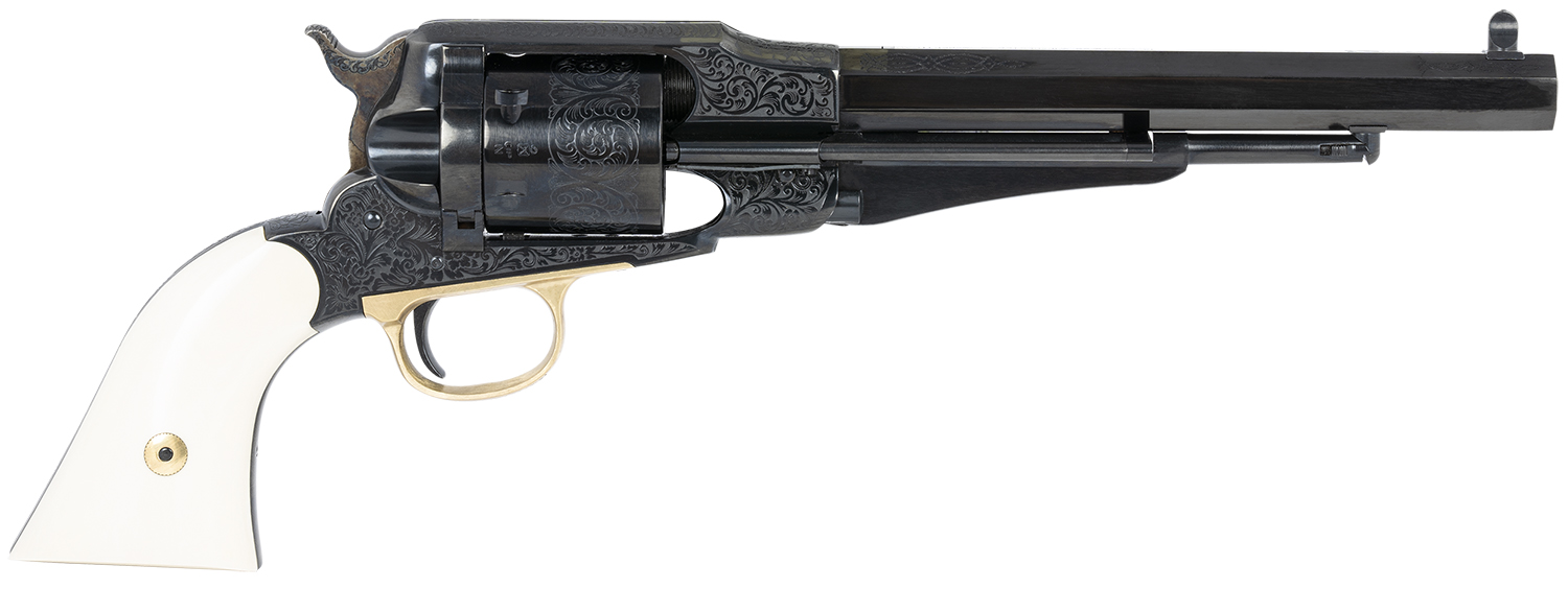 Taylors & Company 550761 Remington Conversion LawDawg 45 Colt (Long Colt) 6 Shot 8" Blued Engraved Octagon Barrel, Blued Engraved Cylinder, Blued Engraved Steel Frame, Ivory Grip, Exposed Hammer