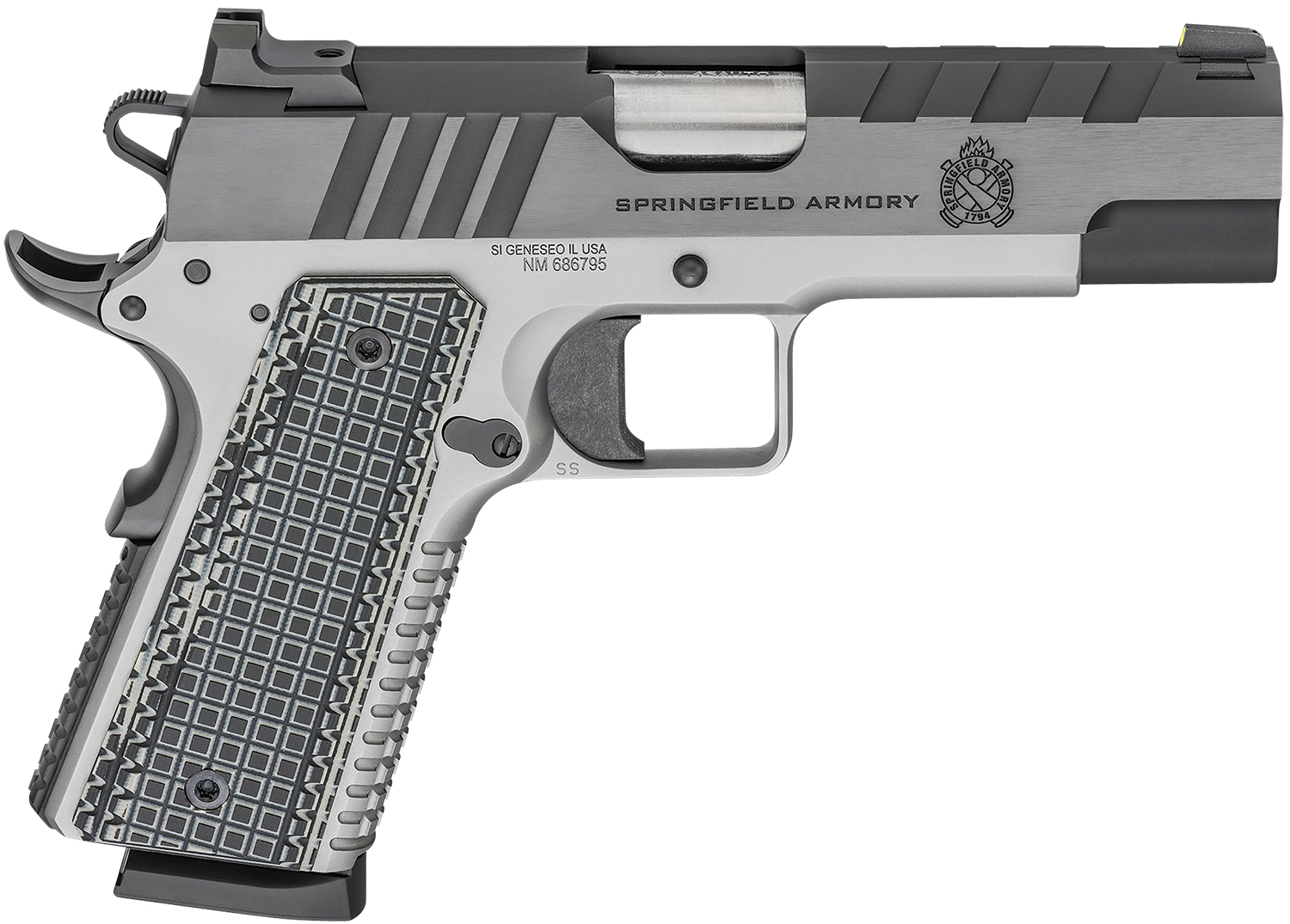Springfield Armory PX9218L 1911 Emissary 45 ACP 8+1 4.25" Bull Barrel, Stainless Steel Frame w/Beavertail , Tri-Top Cut Blued Carbon Steel Slide, Black VZ Thin-Line G10 Grip