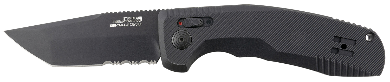 S.O.G SOG15380457 SOG-TAC Auto 3.43" Folding Tanto Part Serrated Black TiNi Cryo D2 Steel Blade Black Micro-Textured Anodized Aluminum Handle Includes Pocket Clip