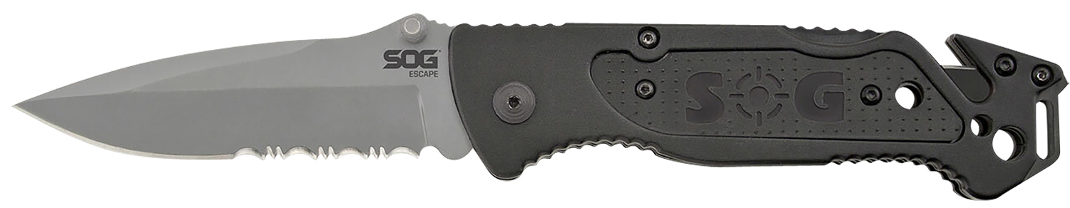 S.O.G SOG-FF24-CP Escape  3.40" Folding Clip Point Part Serrated Bead Blasted 9Cr18MoV SS Blade Black Anodized Aluminum Handle Includes Belt Clip