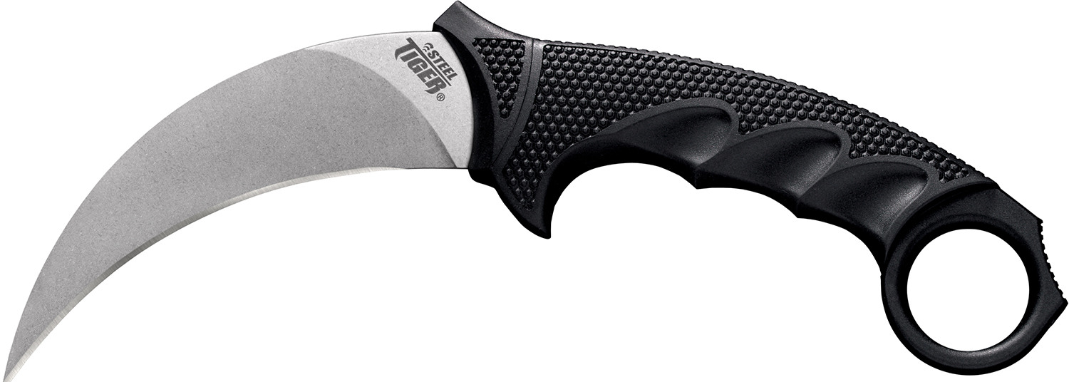 Cold Steel CS49KST Steel Tiger  4.75" Fixed Plain Stone Washed Japanese AUS-8A SS Blade/Black w/Thumb Shelf & Finger Ring Griv-Ex w/Overmold Kray-Ex Handle