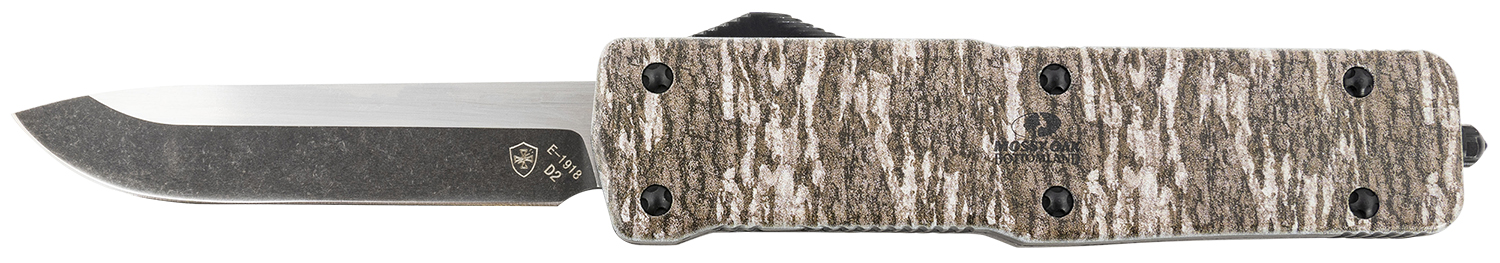 Templar Knife LZMOB321 Premium Weighted  Large 3.55" OTF Drop Point Plain Black Oxide Stonewashed D2 Steel Blade, 5.25" Mossy Oak Bottomland Aluminum Zinc Alloy Handle