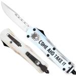CobraTec Knives SCATIFS3DNS FS-3 Come And Take It Small 3" OTF Drop Point Plain D2 Steel Blade 4.50" White "Come And Take It" Aluminum Cerakoted Handle Includes Glass Breaker/Pocket Clip