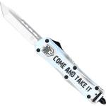 CobraTec Knives SCATIFS3TNS FS-3 Come And Take It Small 3" OTF Tanto Plain Satin D2 Steel Blade, 4.50" White "Come And Take It" Aluminum Cerakoted Handle