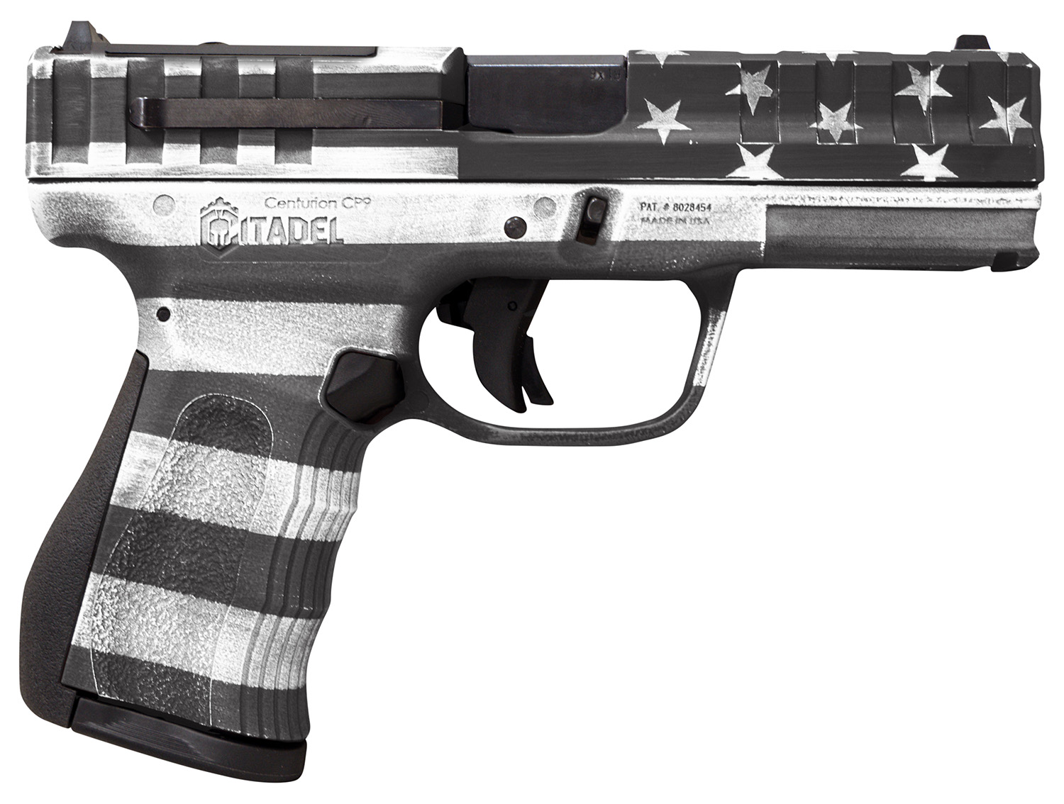 Citadel CITCP9USGCAN Centurion  9mm Luger 14+1, 4" Black Steel Barrel, American Flag Gray Cerakote Optic Ready/Serrated Slide, Polymer Frame & Grip, Features Matching Ammo Can