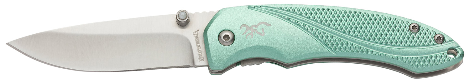 Browning 3220360 Allure  EDC 2.88" Folding Drop Point Plain 7Cr17MoV SS Blade, Mint Green Textured Anodized Aluminum Handle,  Includes Pocket Clip