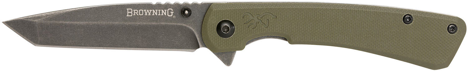 Browning 3220507 Branded Rock  EDC 3" Folding Tanto Plain Black Stonewashed 7Cr17MoV SS Blade OD Green, G10 Handle