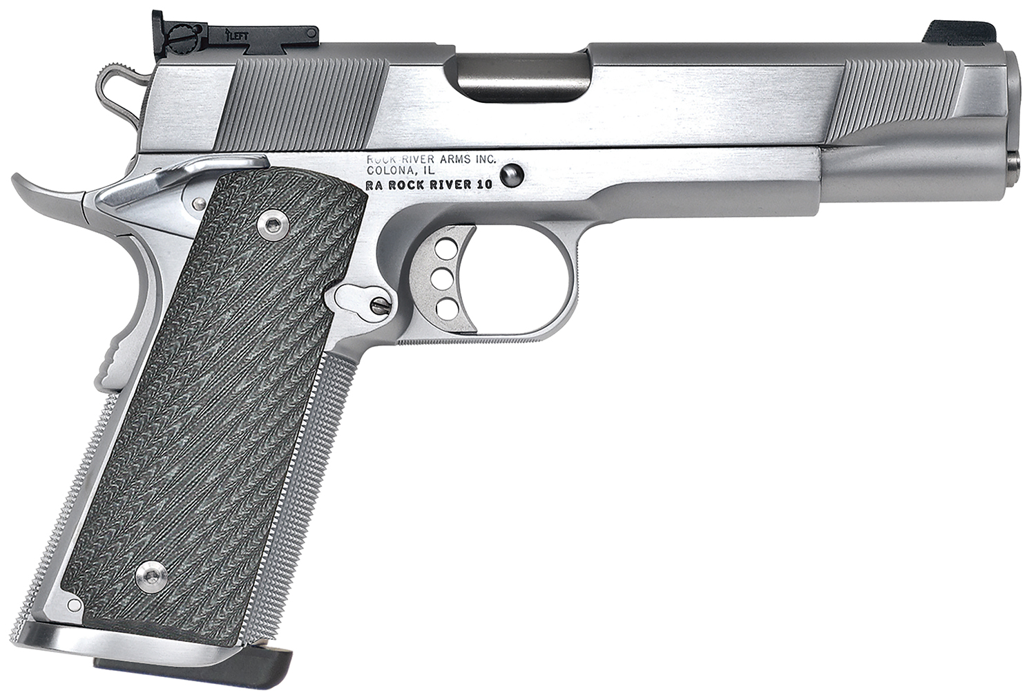 Rock River Arms PS2400 PS2400 Limited Match 45 ACP 7+1 5" Stainless National Match Barrel, Brushed Chrome Steel Serrated Slide, Brushed Chrome Steel Frame w/Beavertail, Black G10 Grip, Ambidextrous
