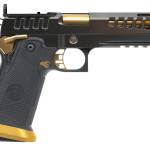 Watchtower Firearms DEMOLITIA9MM5ELITE Demolitia Full Size Frame 9mm Luger 20+1 5" Gold Plated PVD Ported Barrel, Graphite PVD Optic Cut/Serrated Steel Slide, Graphite PVD Frame, Black Textured Grip