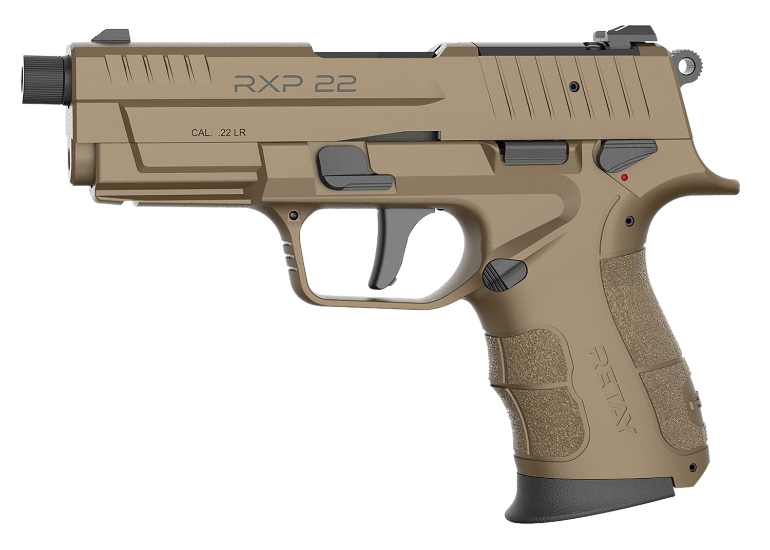 Retay USA RXP22FDE13TH RXP  22 LR 13+1 4" Black Threaded Barrel, Flat Dark Earth Cerakote RMR/RMSc Optic Ready/Serrated Slide, Flat Dark Earth Cerakote Polymer Frame w/Accessory Rail, Textured Grip