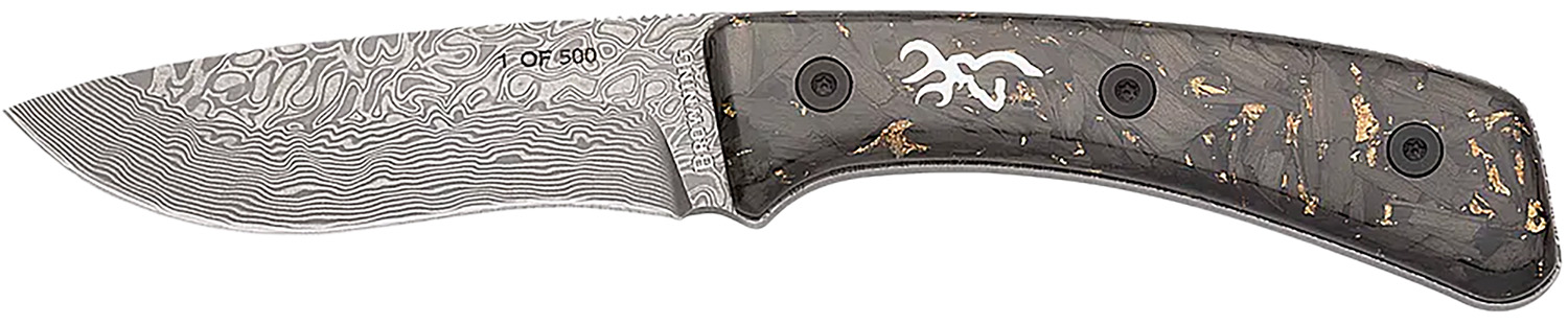 Browning 3220570B Rock  3.50" Fixed Drop Point Plain Acid Etch Damascus Blade, Carbon Fiber Handle