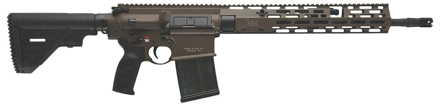 HK 81001206 MR762 A4 7.62x51mm 10+1 16.50" Black Threaded Barrel, Patriot Brown Picatinny Rail Receiver, M-LOK Handguard, 6 Position Black Synthetic Stock, Black Finger Grooved Grip, Ambidextrous