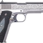 Cnc Firearms CNCTUX38 Colt 1911 Tuxedo 38 Super 9+1 5" Stainless Steel Barrel, High Polished w/Black DLC Engraving Stainless Steel Serrated Slide & Frame, Stingray Grip