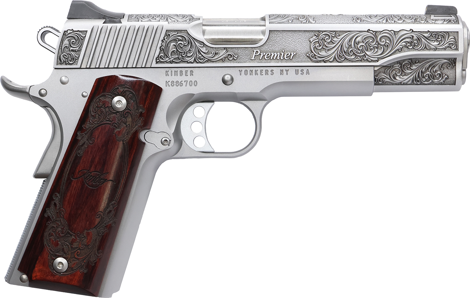 Cnc Firearms CNCPREMIER45 Kimber 1911 Premier 45 ACP 7+1 5" Stainless Steel Barrel, Stainless Steel Engraved Scrollwork/Serrated Slide, Stainless Steel Frame, Engraved Rosewood Grip