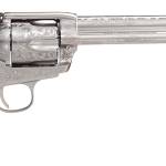 Taylors & Company  1873 Outlaw Legacy Pietta 45 Colt (Long Colt) 6 Shot 7.50" Nickel Engraved Round Barrel, Cylinder & Steel Frame, White PVC Navy Grip, Manual Safety, Exposed Hammer