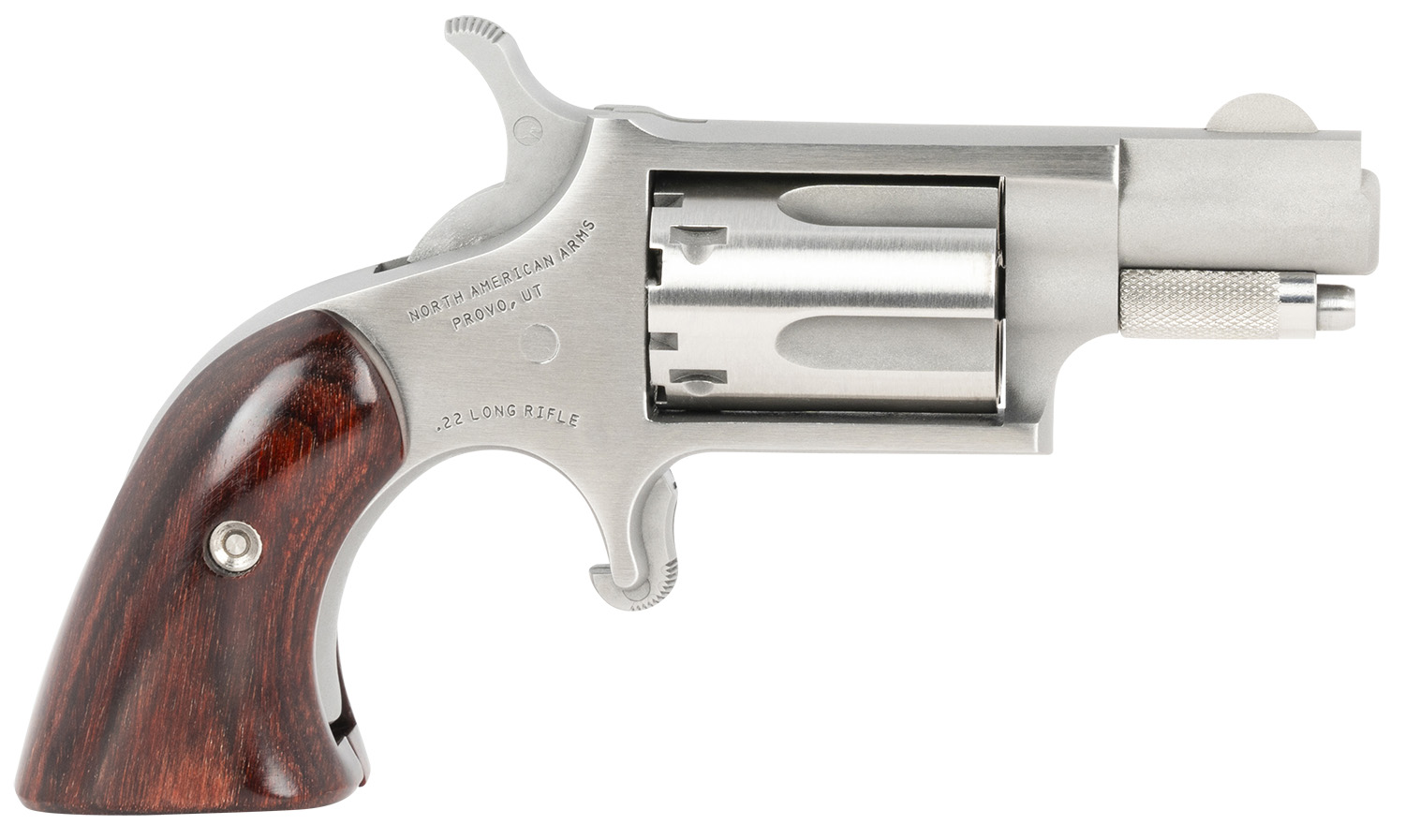 North American Arms 22LRGBG Mini-Revolver  Sports South Exclusive 2 LR 5 Shot 1.13" Stainless Steel Barrel, Frame & Cylinder, Wood Boot Grip, Exposed Hammer