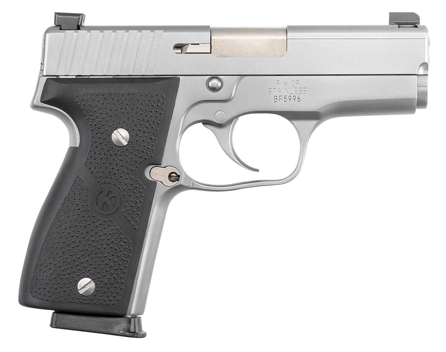 Kahr Arms K9093NA K  9mm Luger Caliber with 3.50" Barrel, 7+1 Capacity, Overall Matte Stainless Steel Finish, Serrated Slide, Textured Wraparound Black Polymer Grip & TruGlo Night Sights