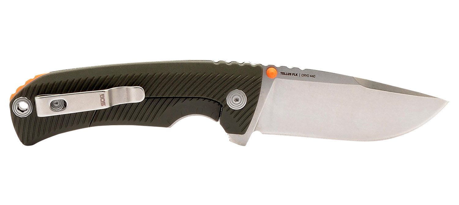 S.O.G SOG14060143 Tellus FLK  3.65" Folding Clip Point Plain Stonewashed Cryo 440C SS Blade/ Olive Drab Textured GRN Handle