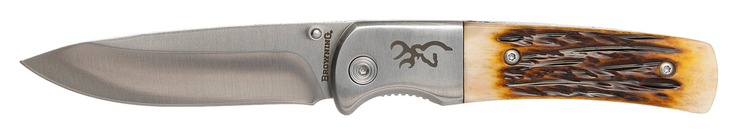 Browning 3220500B Buckmark Hunter 3" Folding Drop Point Plain Stonewashed 8Cr13MoV SS Blade/Jigged Bone Handle Boxed