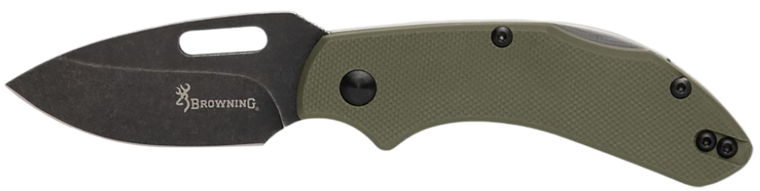 Browning 3220504 Hidden Hollow  EDC Small 2.25" Folding Drop Point Plain Black Oxide Stonewashed D2 Steel Blade, OD Green G10 Handle