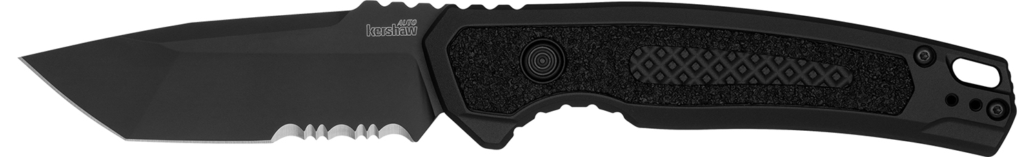 Kershaw 7105 Launch 16 Automatic 3.45" Folding Tanto Part Serrated Plain Black Cerakote CPM M4 Steel Blade, Black Cerakote Aluminum Handle