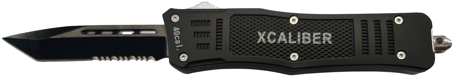 Xcaliber Knife Company  40 Cal  Medium 3.25" OTF Tanto Part Serrated 440C SS Blade, 4.64" Steel Handle