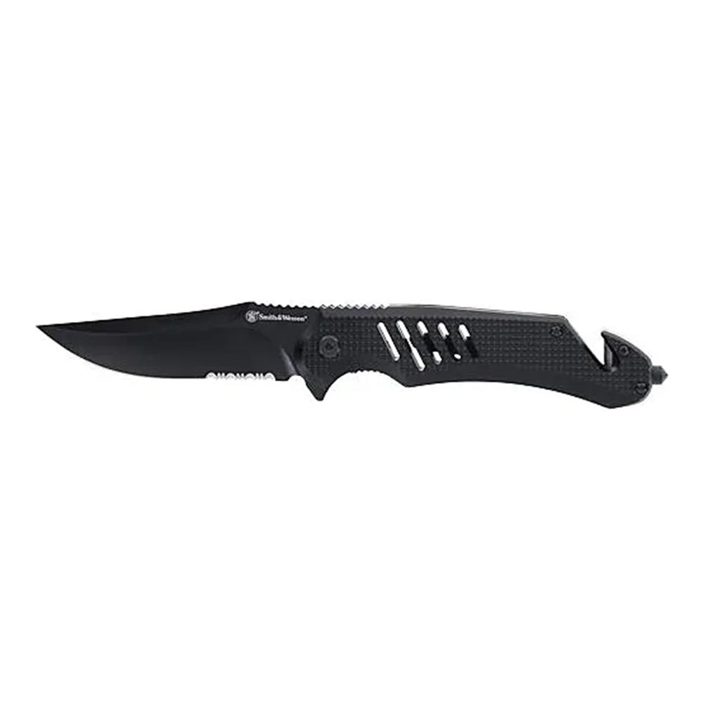 Smith & Wesson Extreme Ops Folding Knife 3-1/2" Clip Point Blade Black with Glass Breaker and Strap Cutter