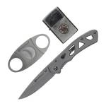 Smith & Wesson Folding Knife Cigar Cutter and Lighter Combo 3" Drop Point Blade Silver