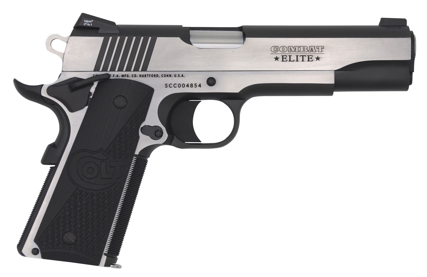 Colt Mfg O1070CE 1911 Combat Elite Government 45 ACP 5" 8+1 Overall Two-Tone Elite Finish Stainless Steel Frame & Slide with Half Checkered & Scalloped Black G10 Grip & Night Sights