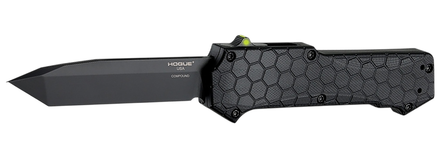 Hogue 34021 Compound  3.50" OTF Tanto Plain Black PVD CPM 30CV SS Blade, Black Textured Aluminum/G10 Handle