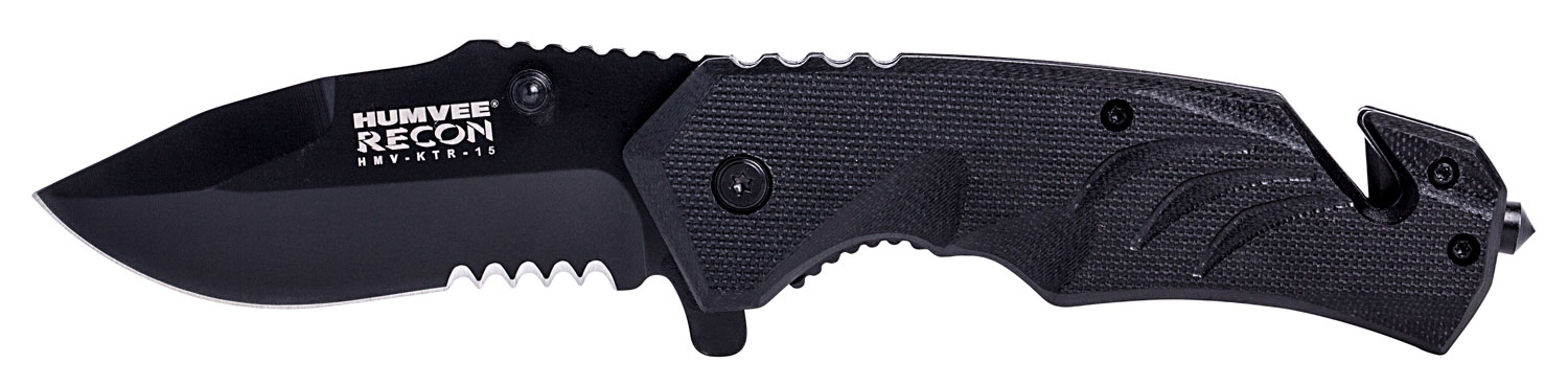 Humvee Adventure Gear HMVKTR15 Tactical Recon  3" Folding Drop Point Part Serrated Black Stainless Steel Blade/Black Textured Features Glass Breaker/Seat Belt Cutter Includes Pocket Clip