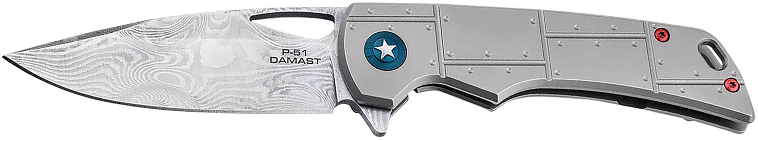 Boker 01BO910DAM P-51 Damast  3.35" Drop Point Plain Silver Acid Etch Damascus Blade Titanium Handle