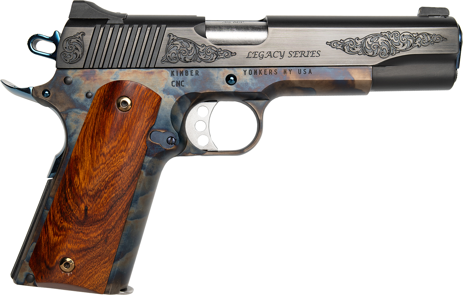 Cnc Firearms CNCLEGACY45 Kimber 1911 Legacy 45 ACP 7+1 5" Stainless Steel Barrel, Color Case Hardened Steel Engraved/Serrated Slide, Color Case Hardened Steel Frame, Walnut Grip