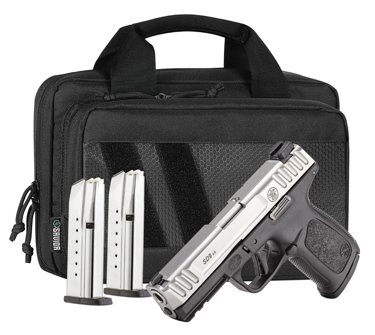 Smith & Wesson 14954 SD9 2.0 Bundle Compact Frame 9mm Luger 16+1 4" Satin Stainless Steel Serrated Slide, Black Polymer Frame w/Picatinny Rail, Textured Grip, Savior Bag, Three Mags