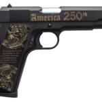 Tisas Arms 10100518US250 1911 America's 250th Full Size 45 ACP 7+1 5" Stainless Barrel, Black w/Gold Engraving Steel Serrated Slide, Black w/Gold Engraving Steel Frame w/Beavertail, Black w/Gold Accen