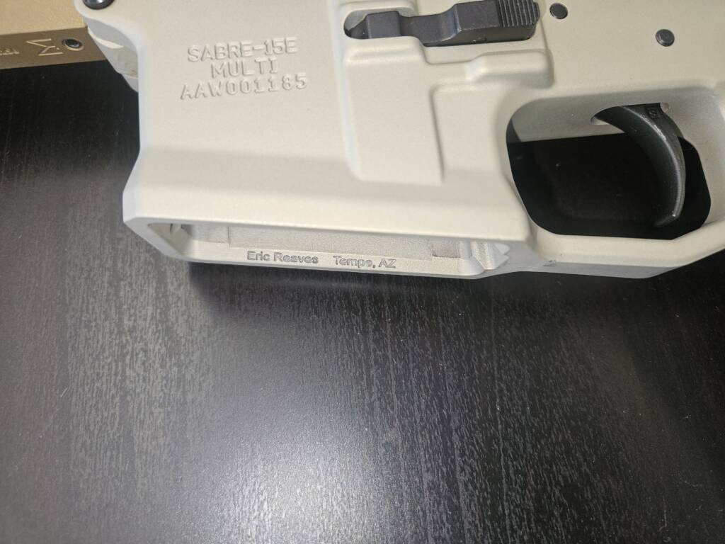Form 1 SBR maker markings laser-engraved on an AR-15 lower receiver by Odell Arms in Mesa, Arizona
