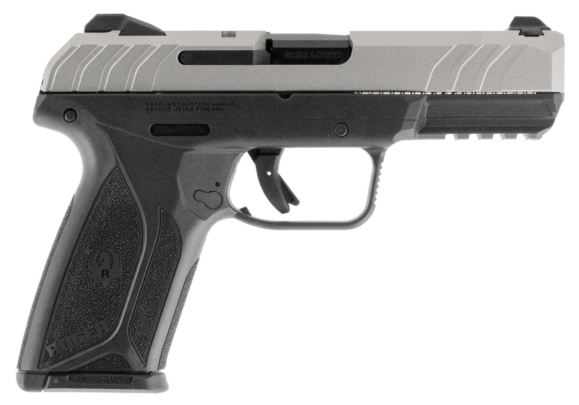 Ruger 3822 Security-9  Sports South Exclusive 9mm Luger 15+1 4" Blued Alloy Steel Barrel, Silver Cerakote Serrated Steel Slide, Black Polymer Frame w/Picatinny Rail, Black Polymer Grip, Right Hand